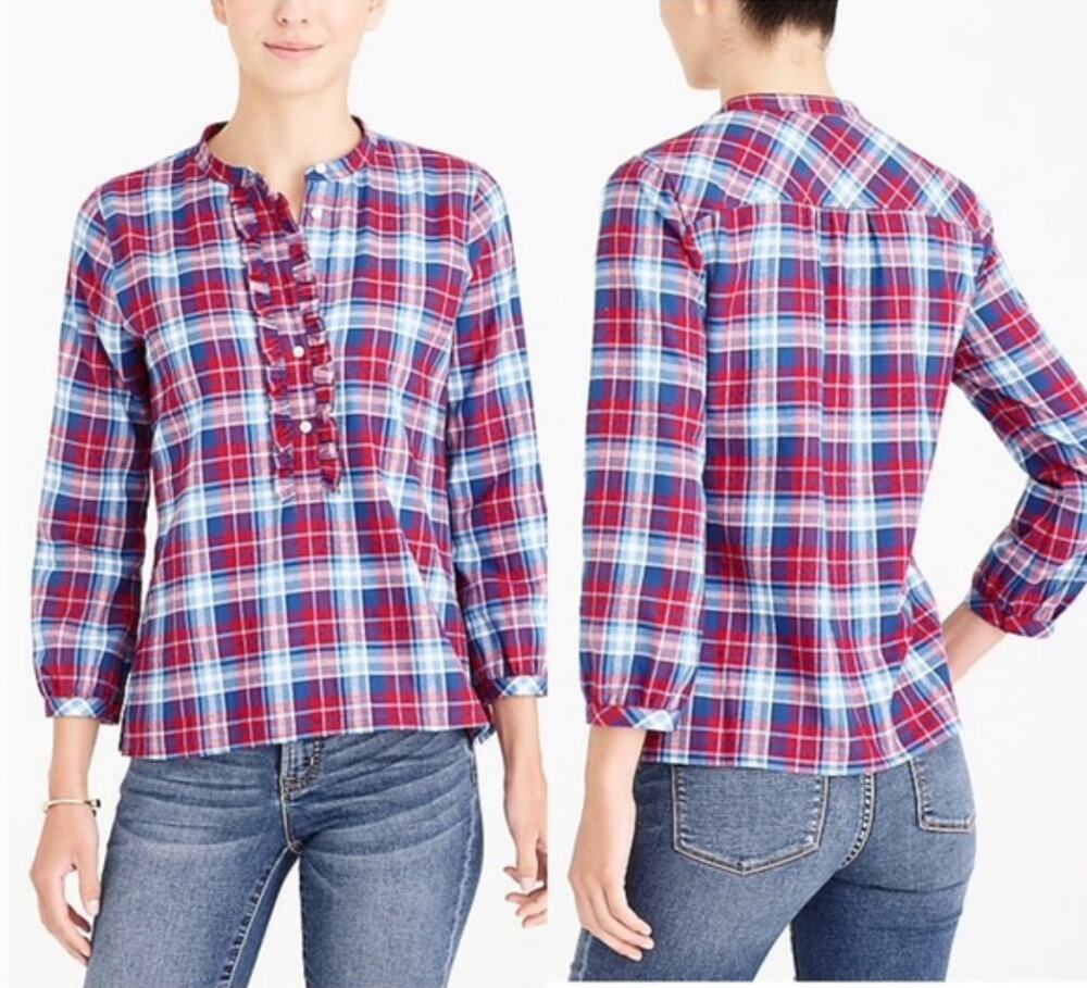 J. Crew Mercantile Ruffle Flannel Shirt Blue Red Plaid J6456 Size M